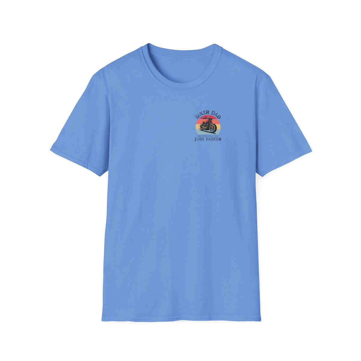 Motorbike T-shirt with 'Biker dad, Like a normal dad, Just faster' (Small Logo)