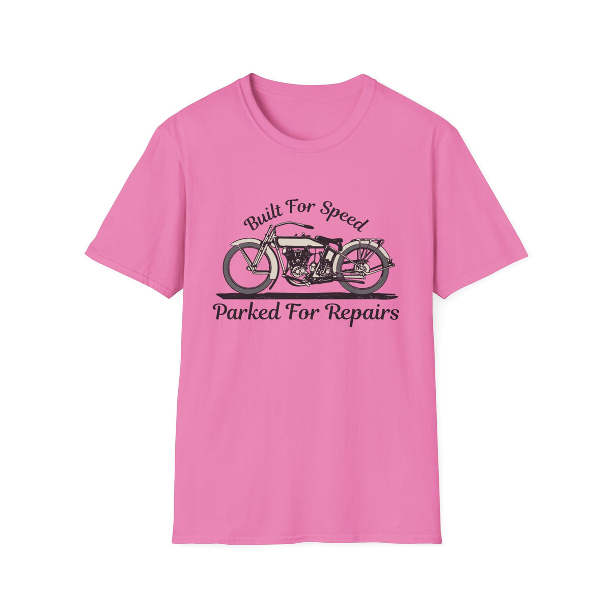 Motorbike T-shirt with 'Built for speed, Parked for repairs'