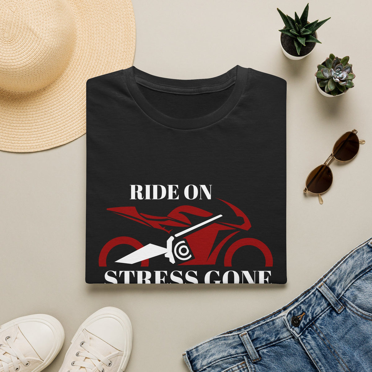 Motorbike T-shirt with 'Ride On, Stress Gone'
