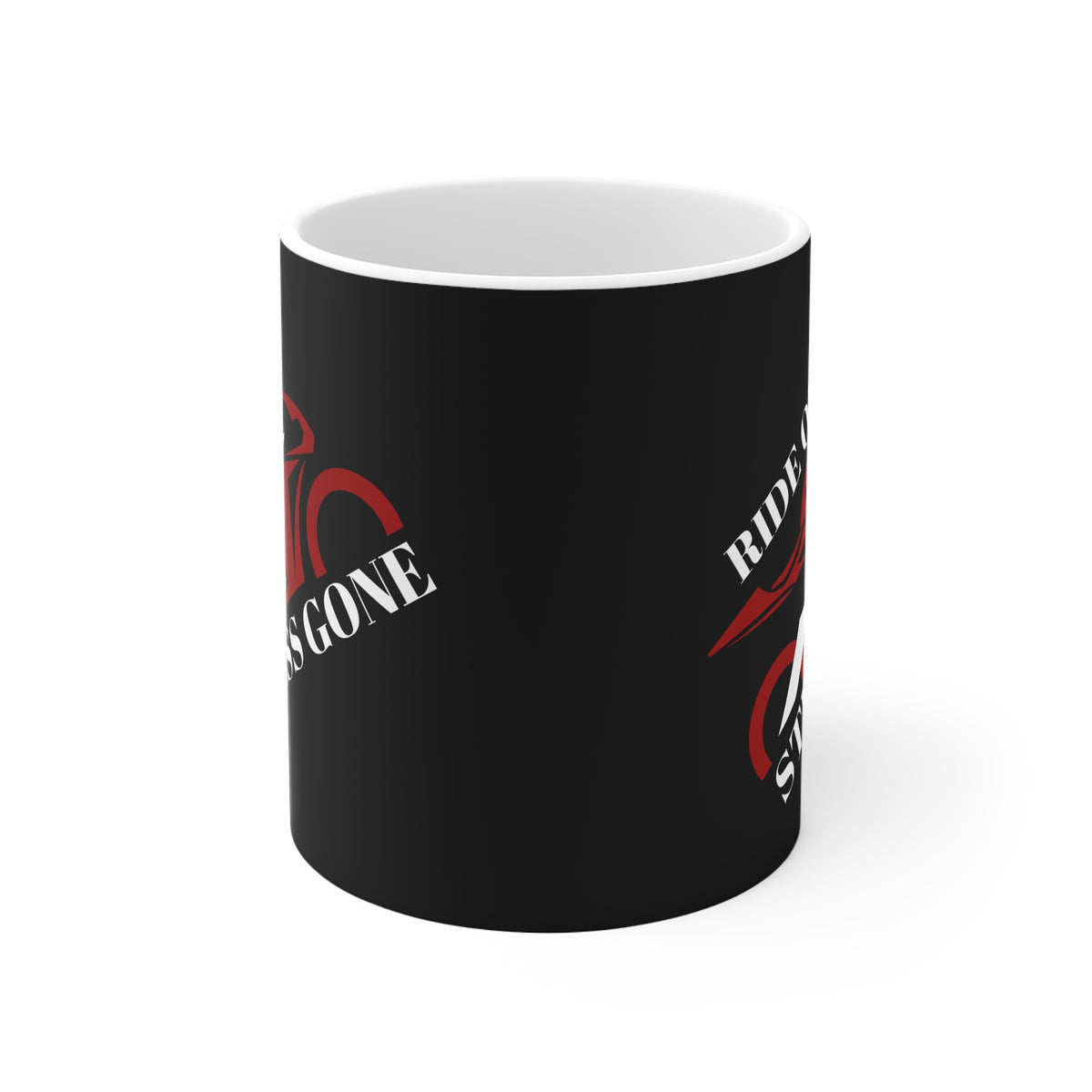 11oz White Mug With (Ride on, Stress gone) (Angled)