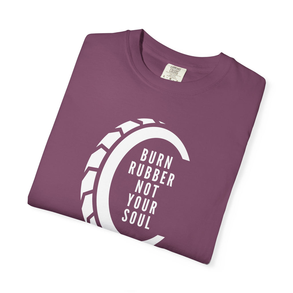 Non UK Sales Motorbike t-shirt  (Burn rubber, Not your soul) Words W/B