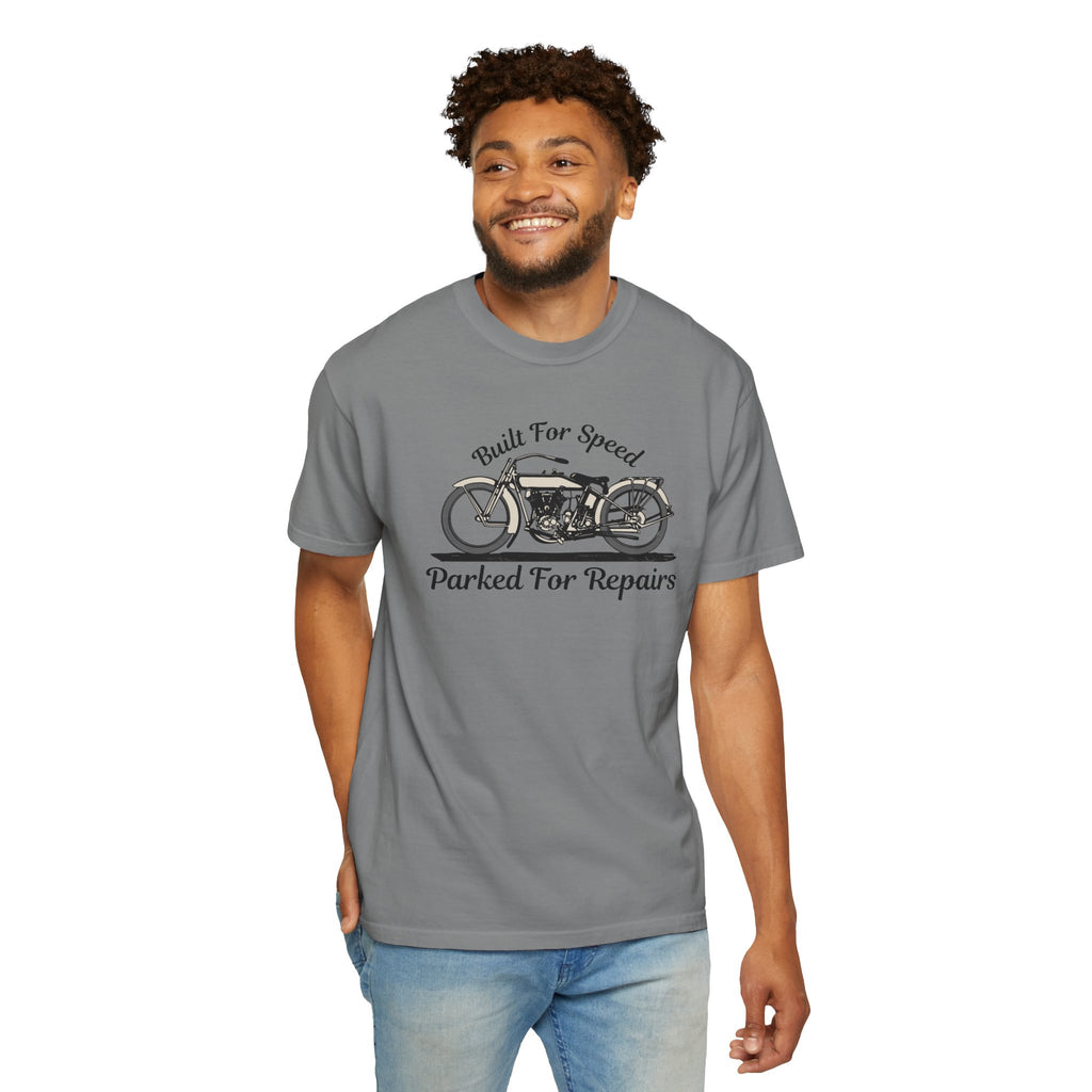 Non UK Sales Motorbike t-shirt  (Built for speed, Parked for repairs) B/W