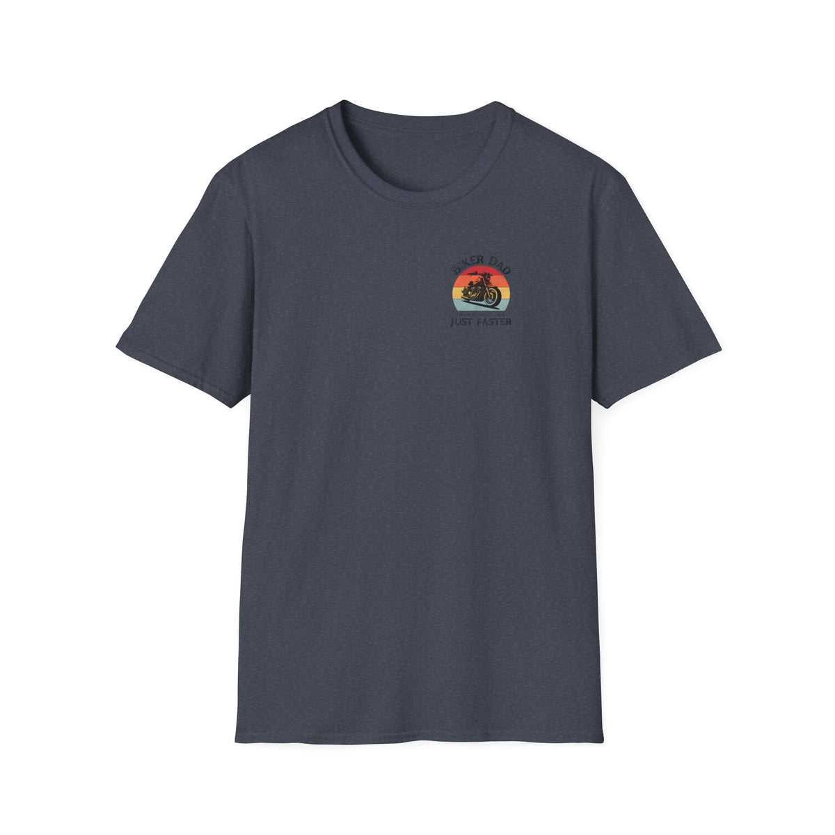 Motorbike T-shirt with 'Biker dad, Like a normal dad, Just faster' (Small Logo)
