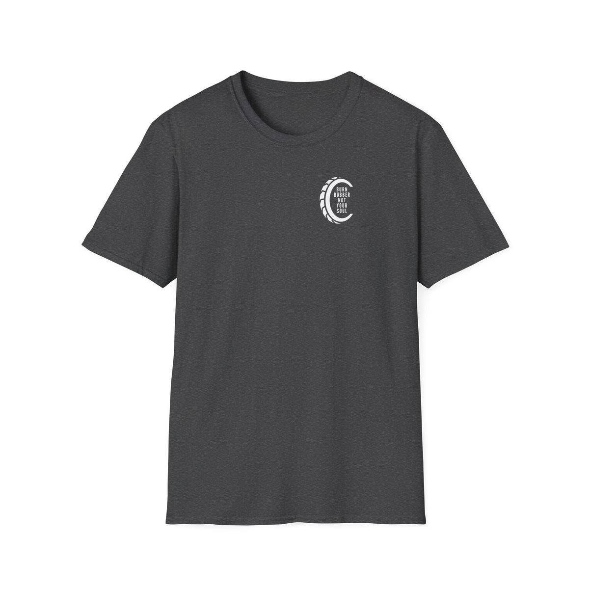 Motorbike T-shirt with 'Burn Rubber, Not your Soul' (4) Small Logo