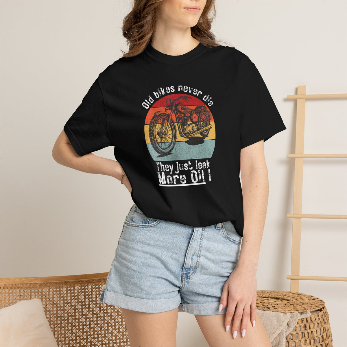 Non UK Sales Motorbike t-shirt (Old bikes never die, They just leak more oil)  W/B