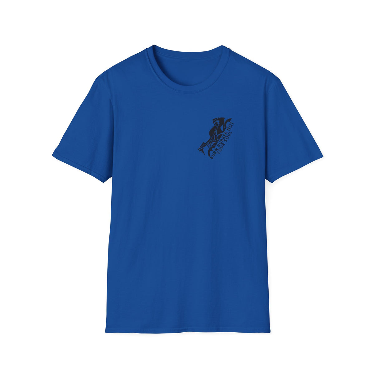Motorbike T-shirt with 'Burn Rubber, Not your Soul' (1) Small Logo