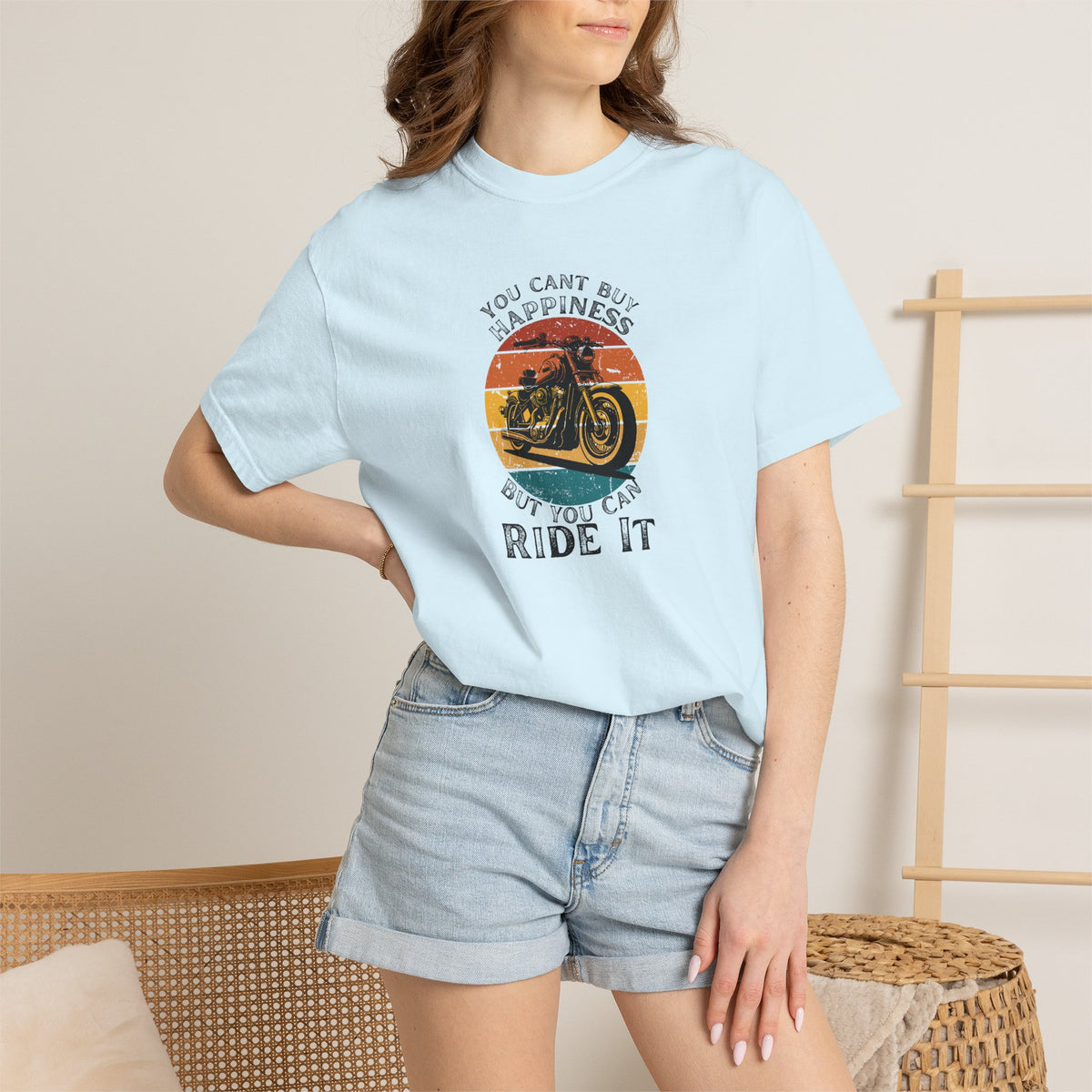 Non UK Sales Motorbike t-shirt  (You Cant Buy Happiness, But you can ride it )  B/W