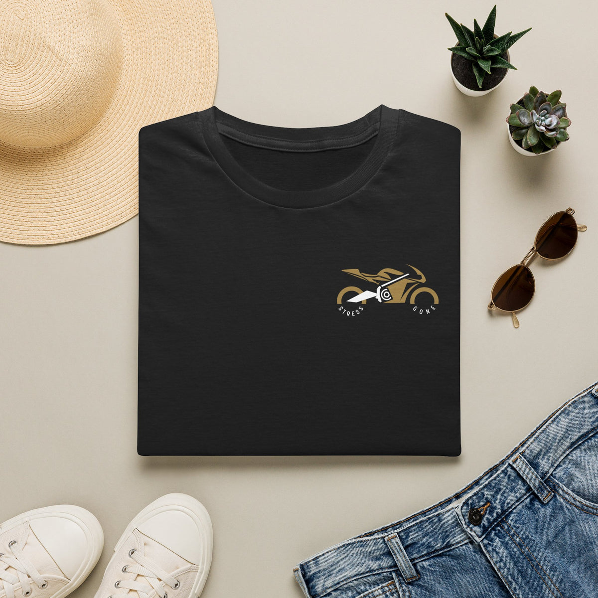 Motorbike T-shirt with 'Stress Gone' Small Logo