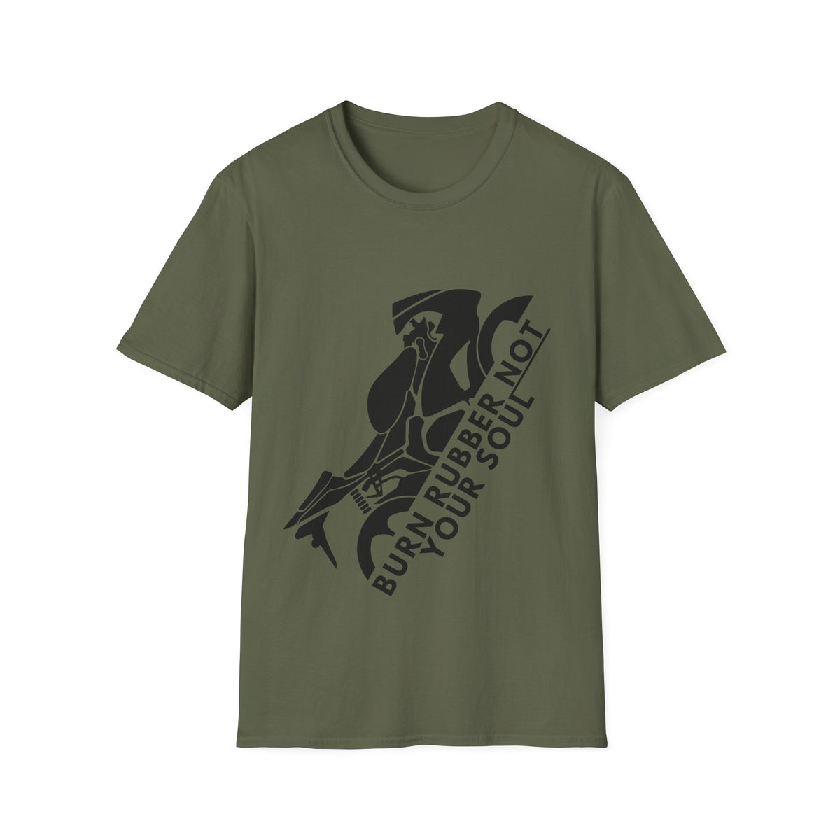 Motorbike T-shirt with 'Burn Rubber, Not your Soul' (1)