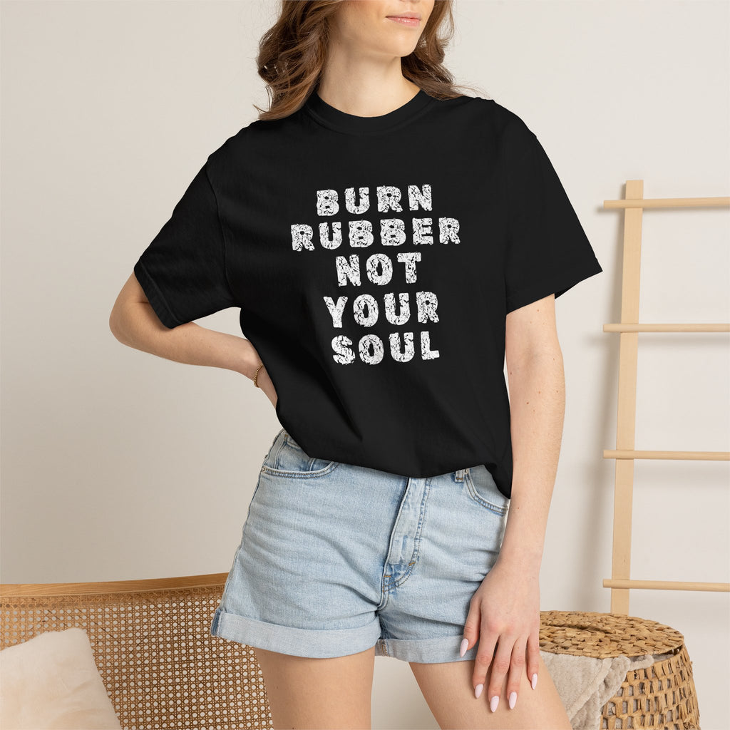 Non UK Sales Motorbike t-shirt  (Burn rubber, Not your soul) Words W/B