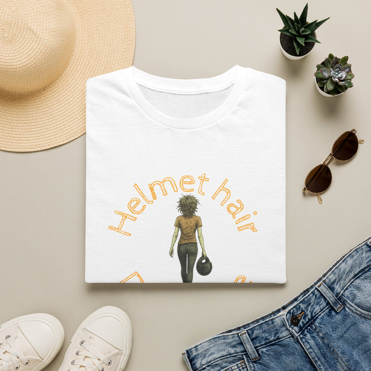 Motorbike T-shirt with 'Helmet hair, Dont care' (Coloured)