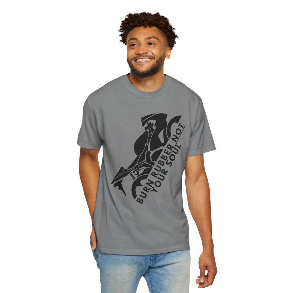 Non UK Sales Motorbike t-shirt  (Burn rubber, Not your soul) Bike B/W