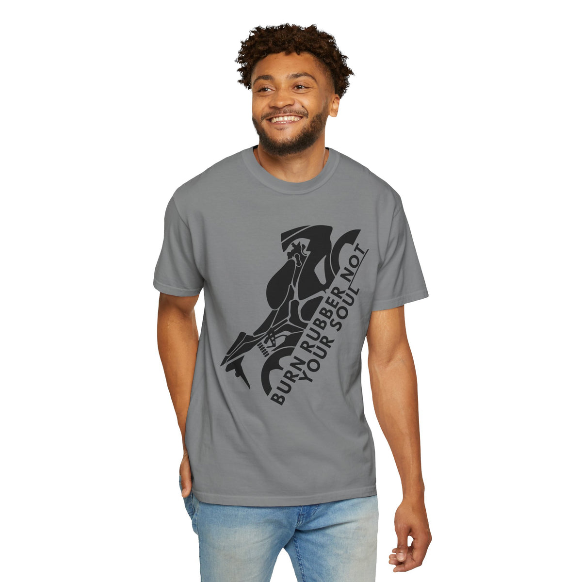 Non UK Sales Motorbike t-shirt  (Burn rubber, Not your soul) Bike B/W