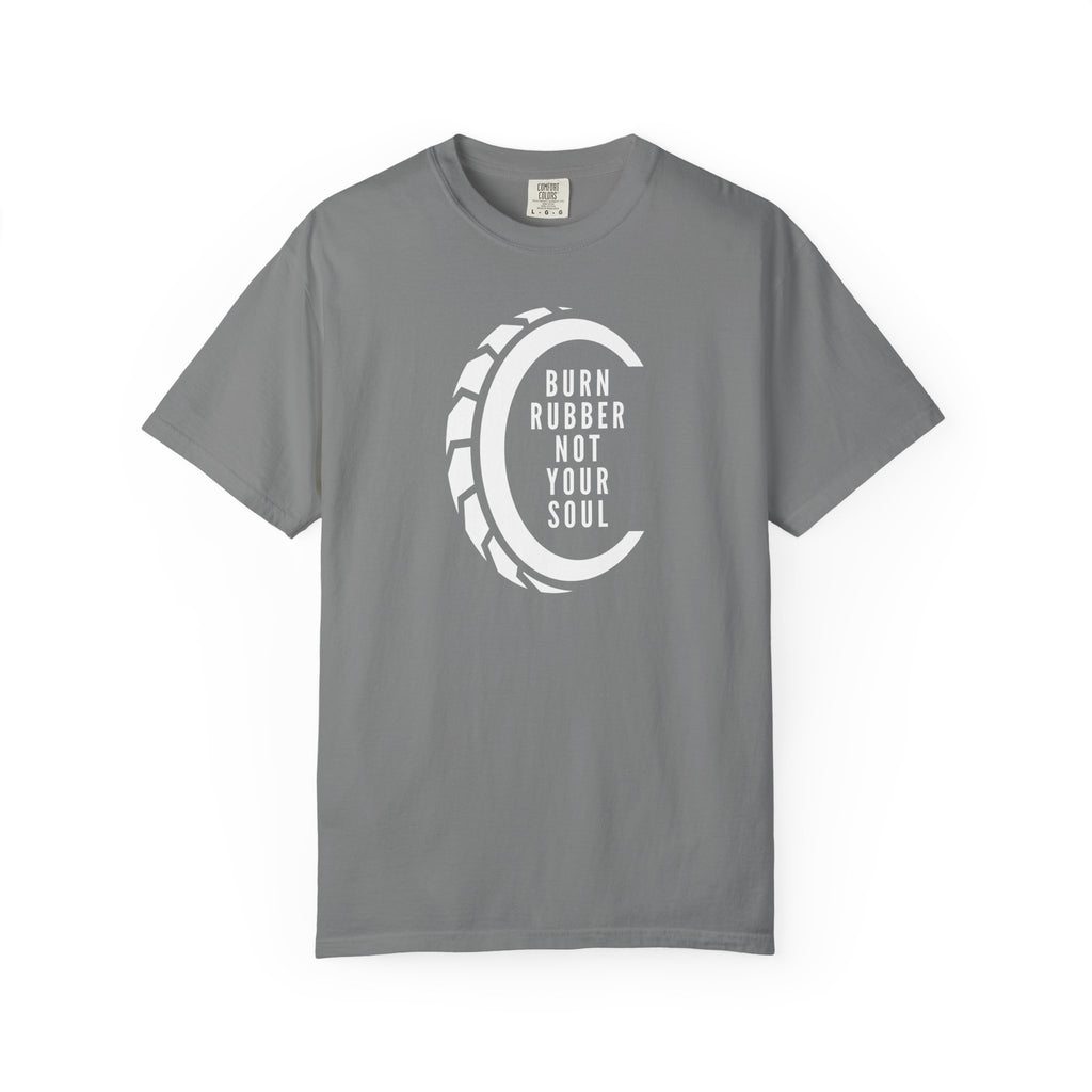 Non UK Sales Motorbike t-shirt  (Burn rubber, Not your soul) Words W/B