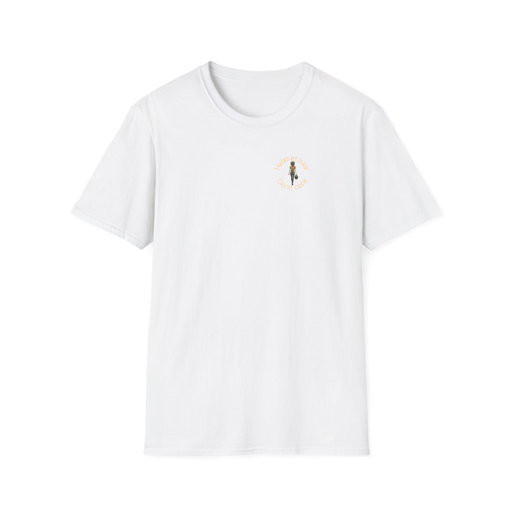 Motorbike T-shirt with 'Helmet hair, Dont care' (Coloured) Small Logo
