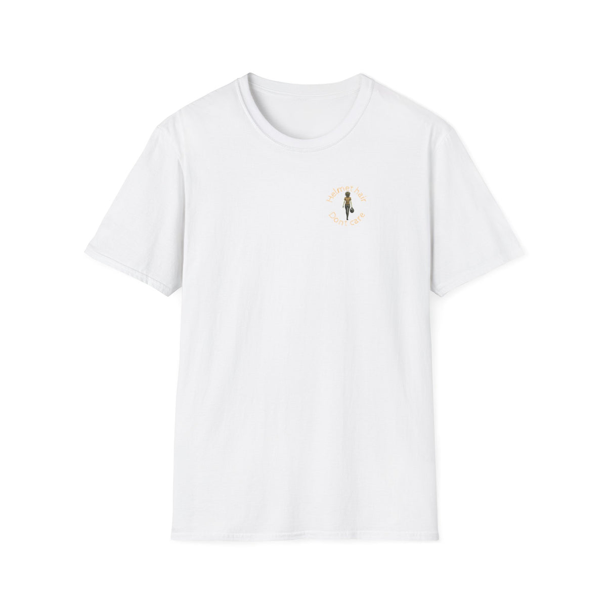 Motorbike T-shirt with 'Helmet hair, Dont care' (Coloured) Small Logo