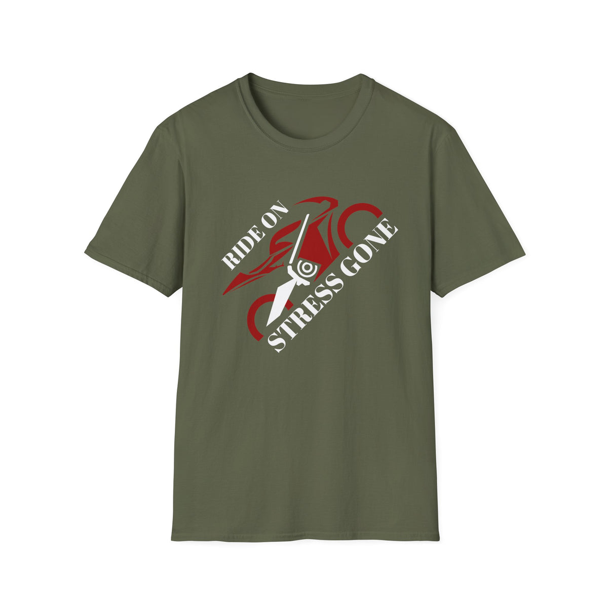Motorbike T-shirt with 'Ride On, Stress Gone' (Angled)