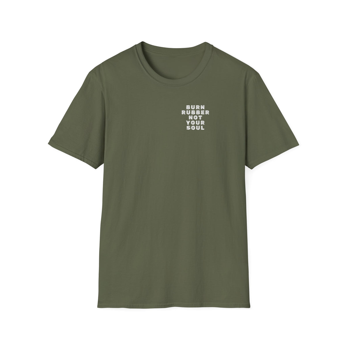 Motorbike T-shirt with 'Burn Rubber, Not your Soul' (5) Small Logo
