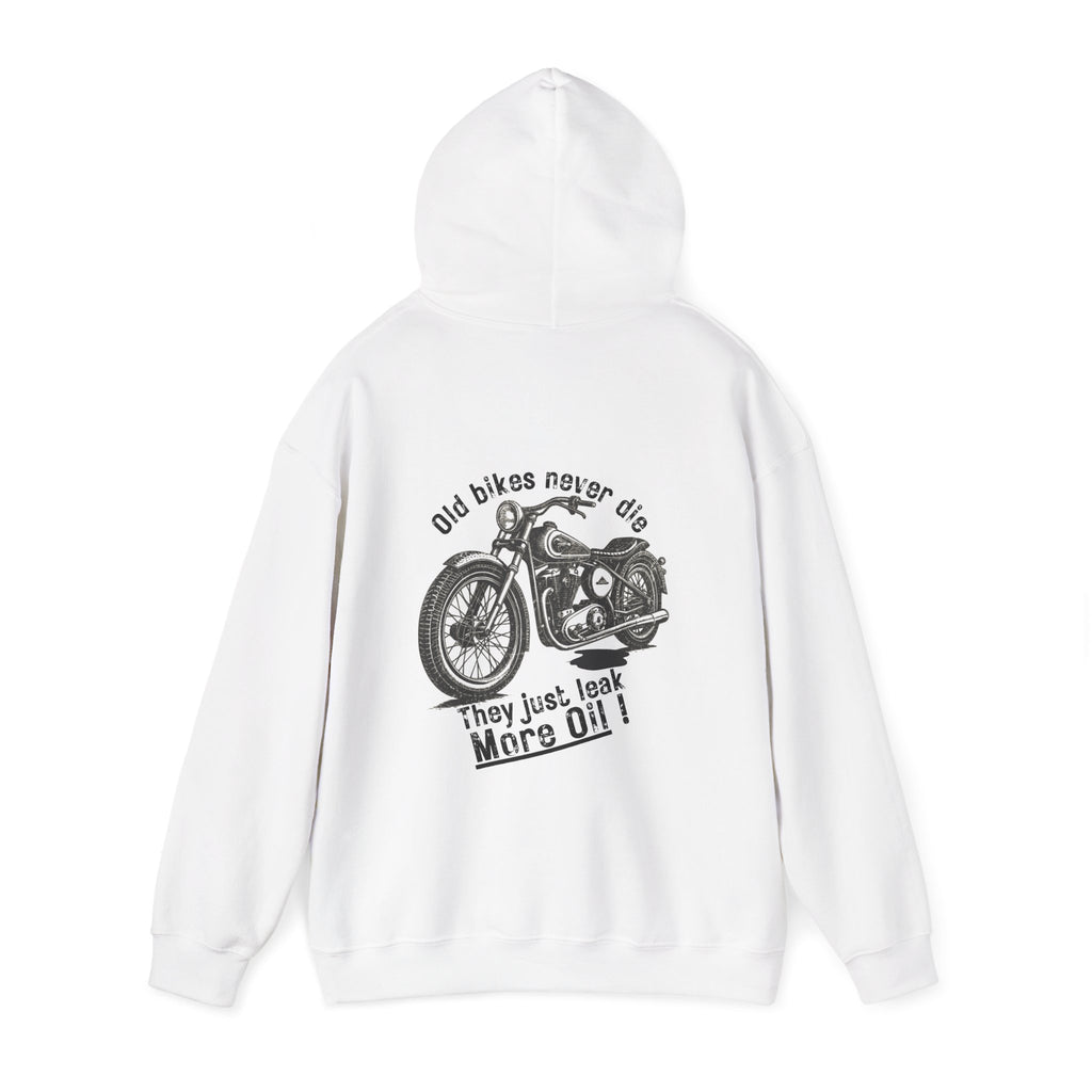 Unisex Heavy Blend™ Hooded Sweatshirt (Old Bikes Never Die, They Just Leak More Oil) Back
