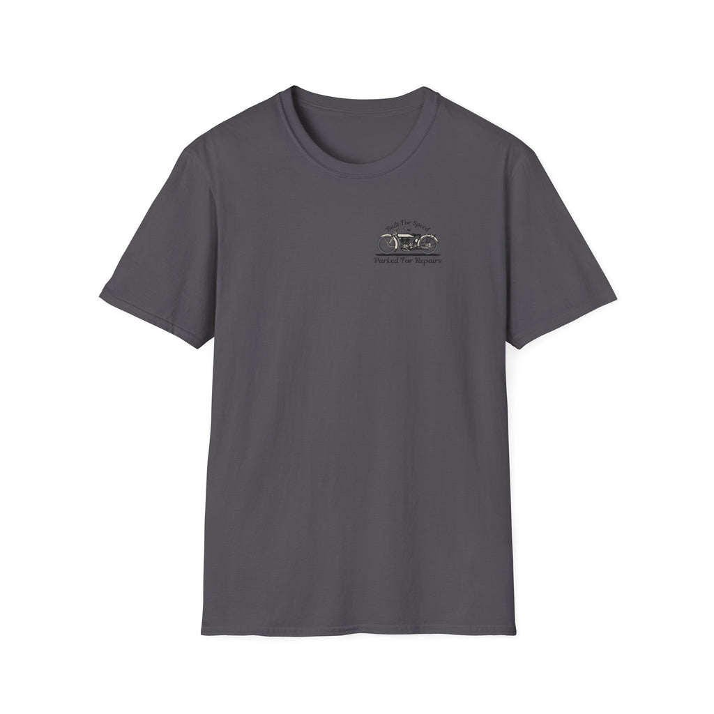 Motorbike T-shirt with 'Built for speed, Parked for repairs' Small Logo