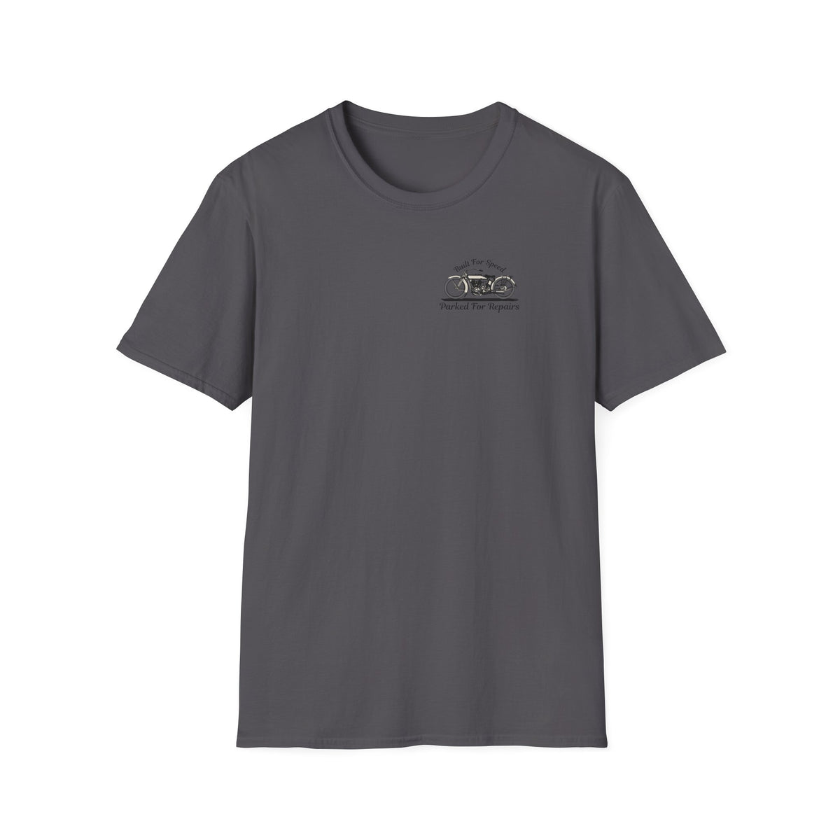Motorbike T-shirt with 'Built for speed, Parked for repairs' Small Logo