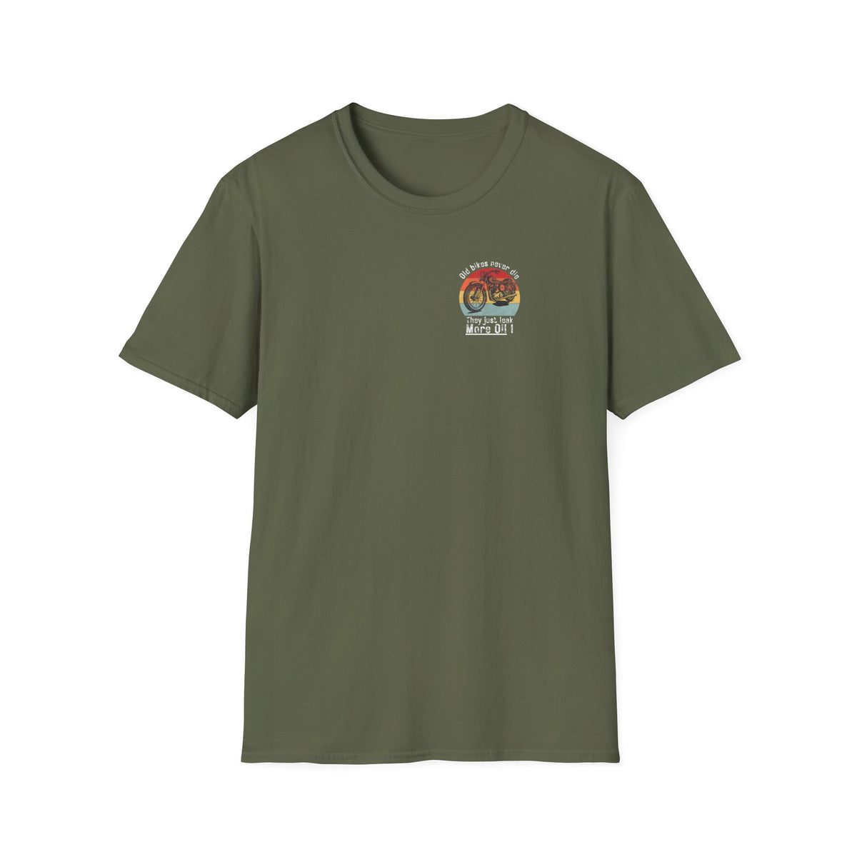 Motorbike T-shirt with 'Old bikes never die, they just leak more oil' Small Logo