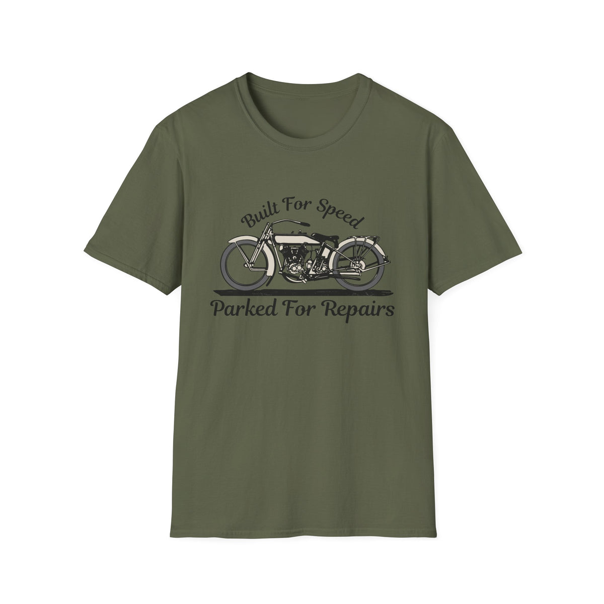 Motorbike T-shirt with 'Built for speed, Parked for repairs'