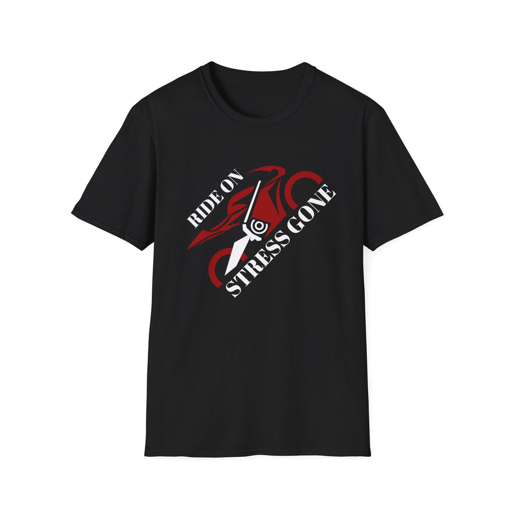 Motorbike T-shirt with 'Ride On, Stress Gone' (Angled)