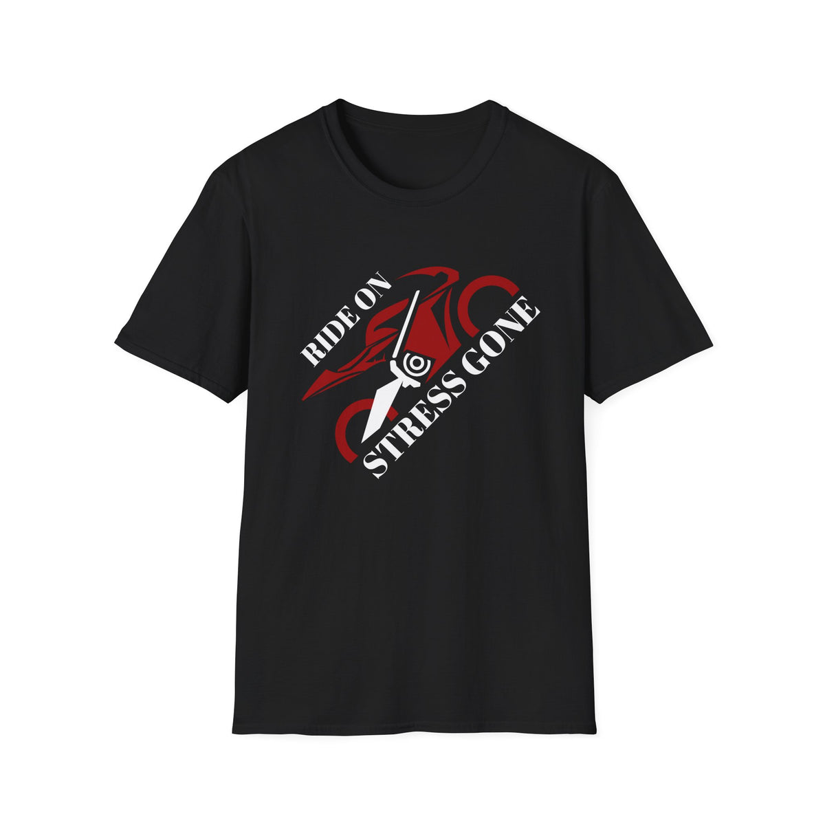 Motorbike T-shirt with 'Ride On, Stress Gone' (Angled)