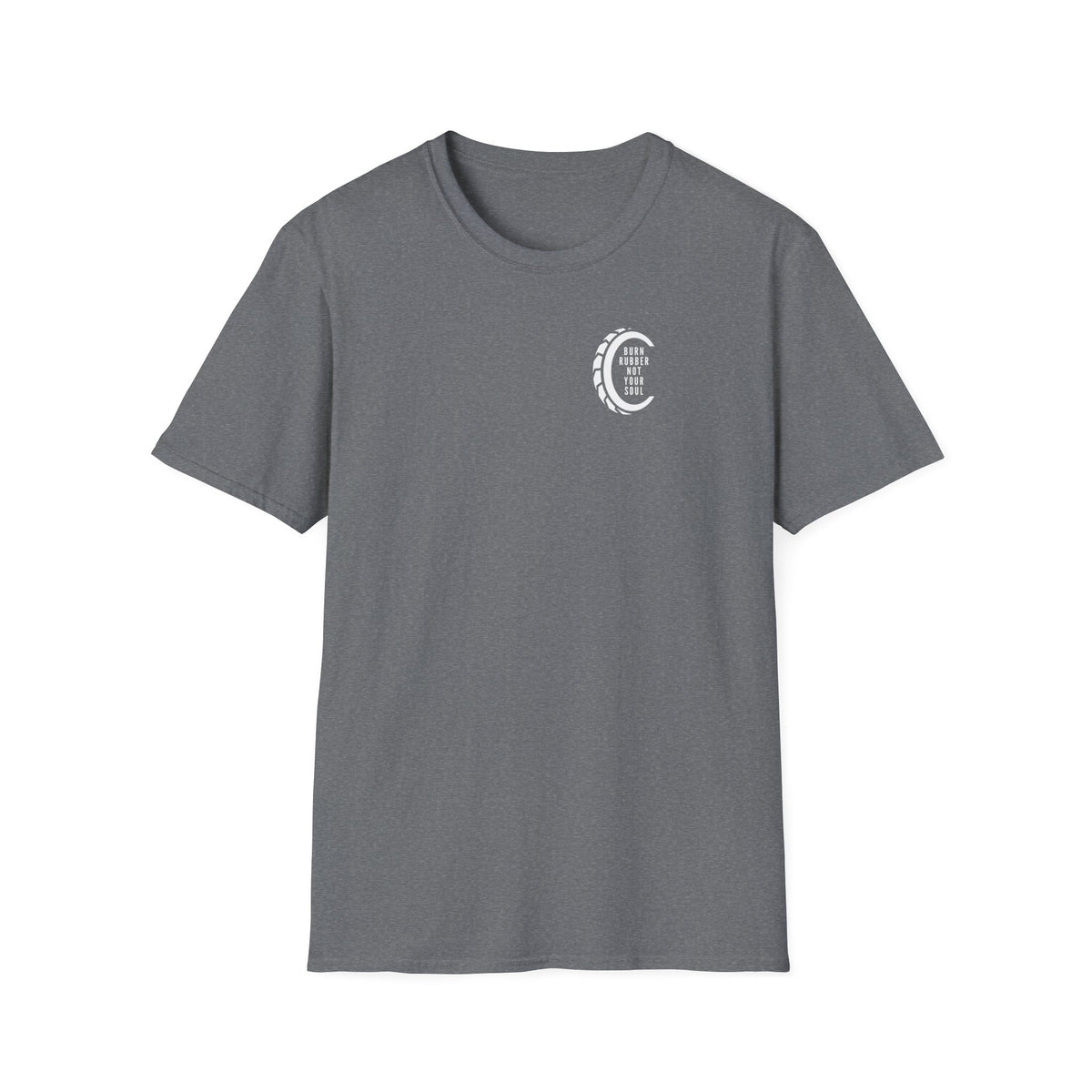 Motorbike T-shirt with 'Burn Rubber, Not your Soul' (4) Small Logo