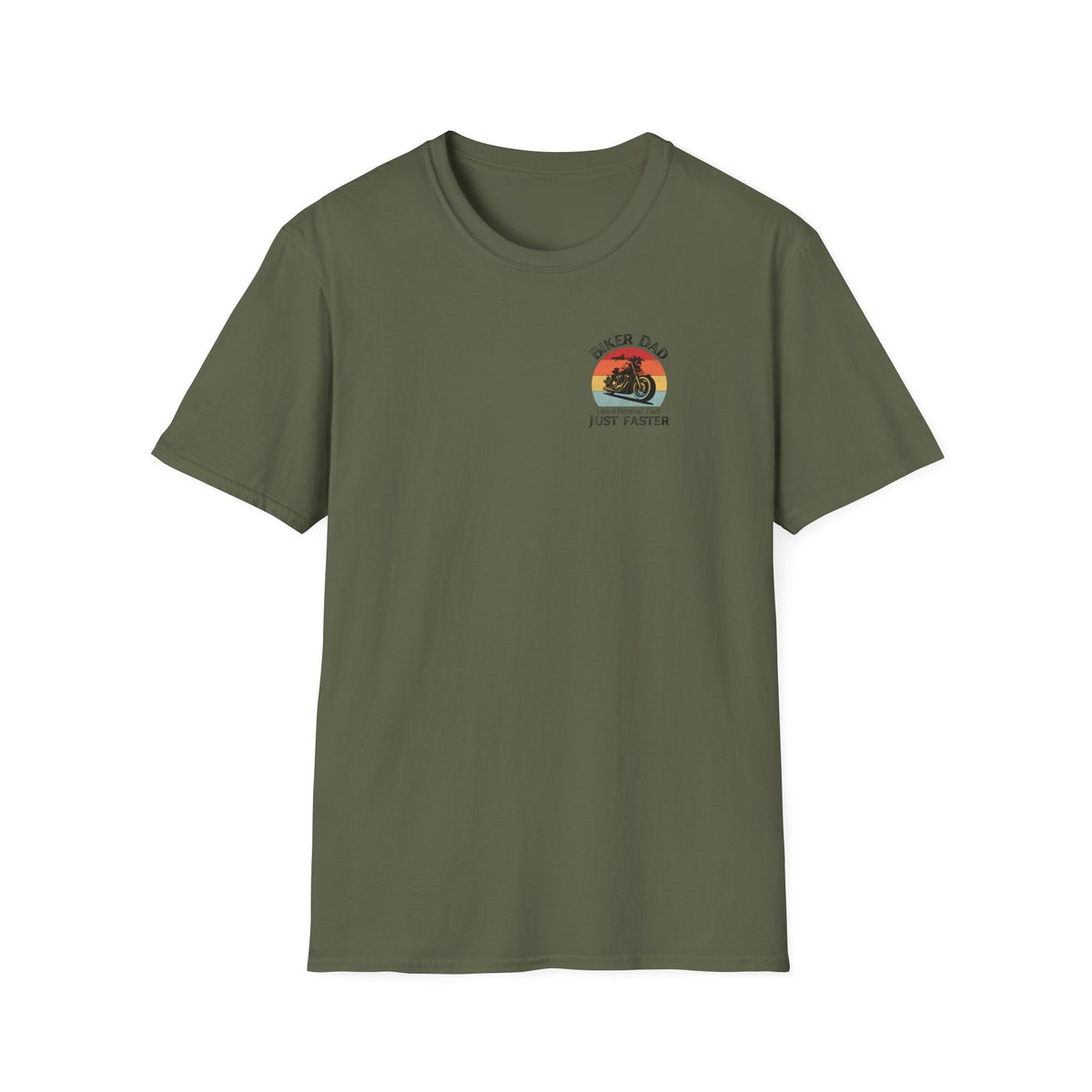 Motorbike T-shirt with 'Biker dad, Like a normal dad, Just faster' (Small Logo)