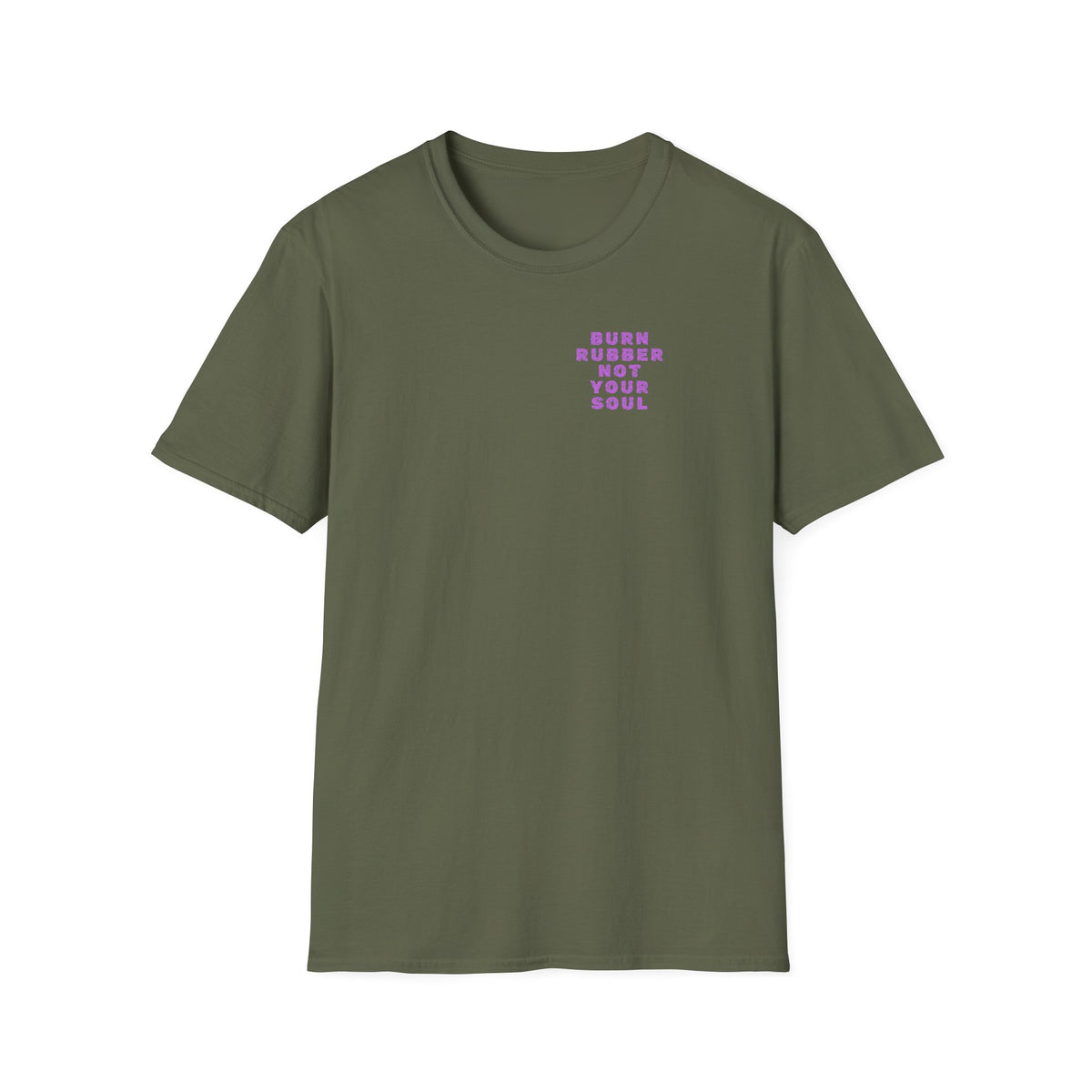 Motorbike T-shirt with 'Burn Rubber, Not your Soul' (3) Small Logo