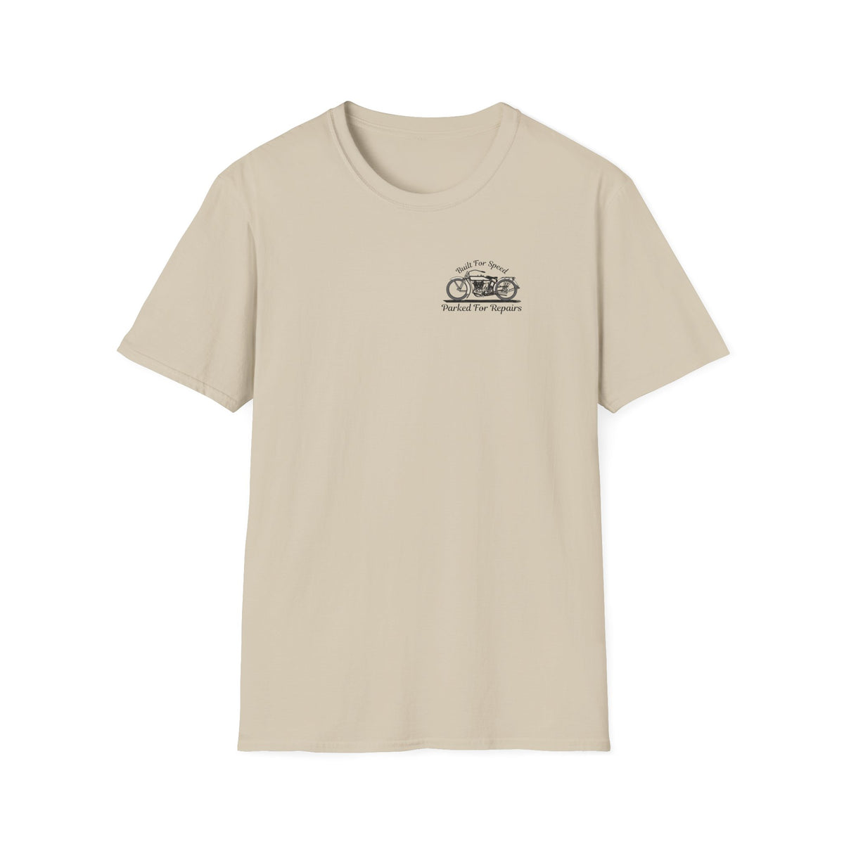 Motorbike T-shirt with 'Built for speed, Parked for repairs' Small Logo