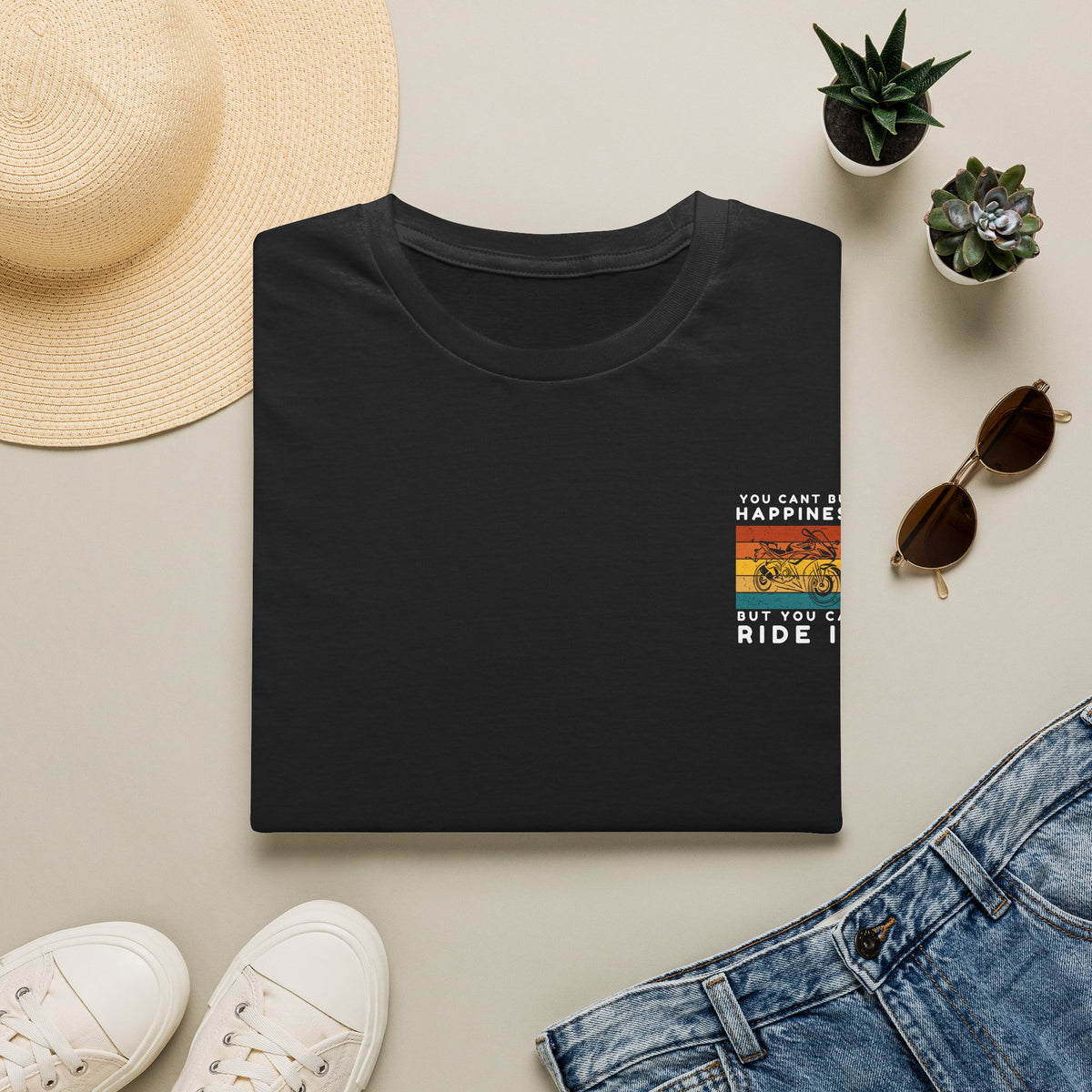Motorbike T-shirt with You Cant Buy Happiness, But You Can Ride It' (2) (Small Logo)