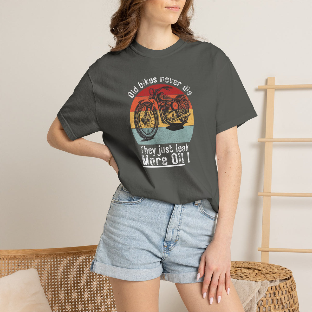 Non UK Sales Motorbike t-shirt (Old bikes never die, They just leak more oil)  W/B