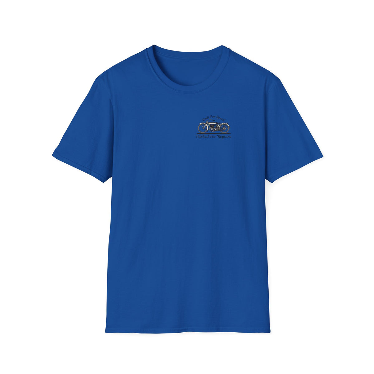Motorbike T-shirt with 'Built for speed, Parked for repairs' Small Logo