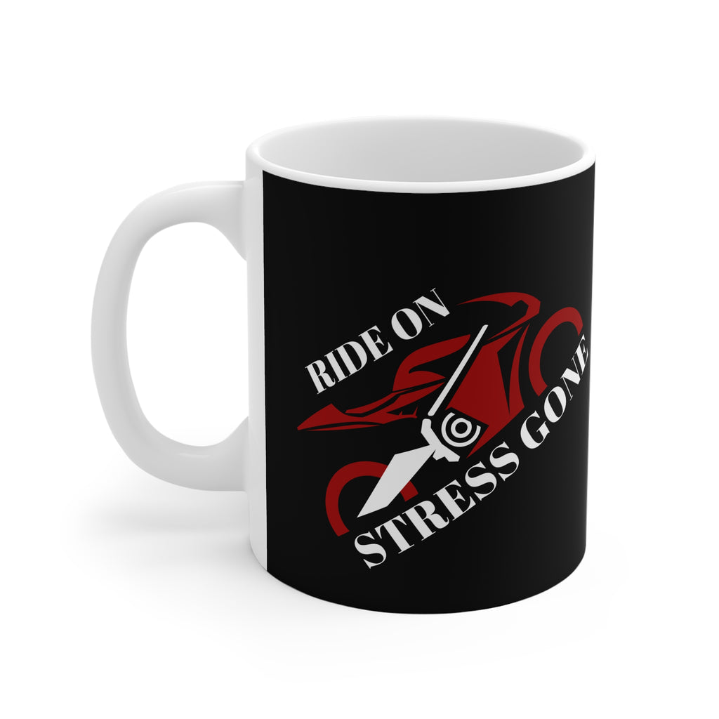 11oz White Mug With (Ride on, Stress gone) (Angled)