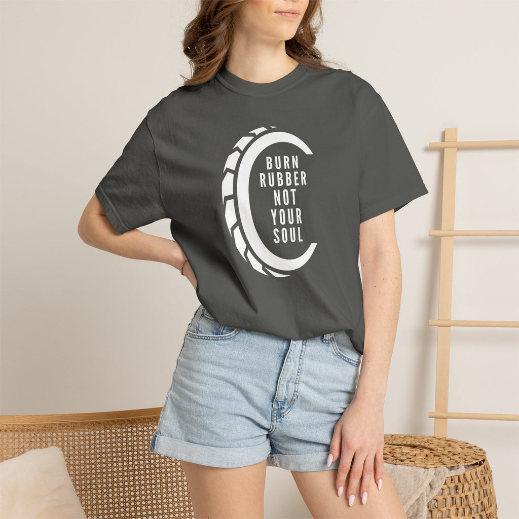 Non UK Sales Motorbike t-shirt  (Burn rubber, Not your soul) Words W/B