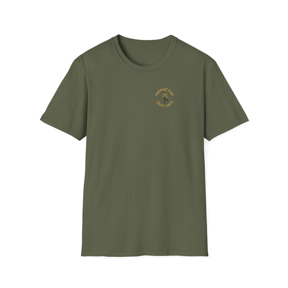 Motorbike T-shirt with 'Helmet hair, Dont care' (Coloured) Small Logo
