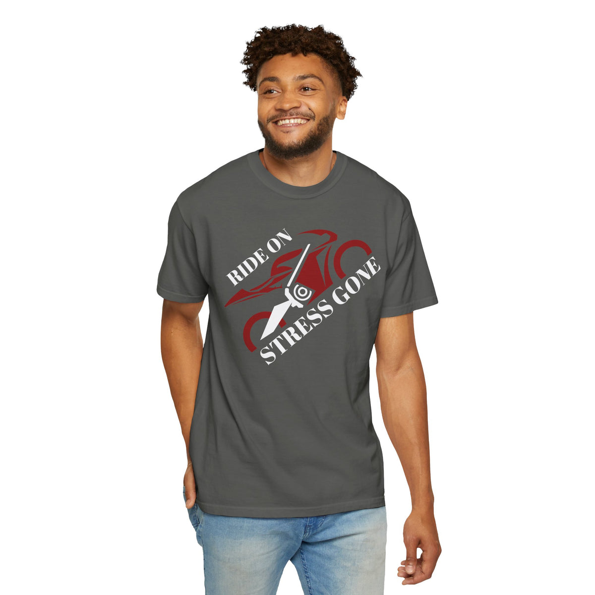 Non UK Sales Motorbike t-shirt  (Ride on, Stress gone)  R/BA