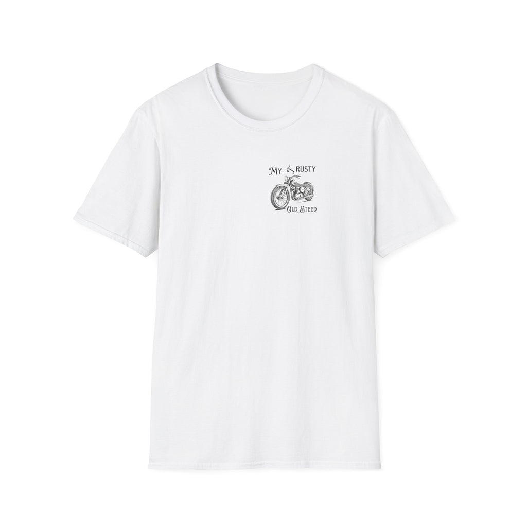 Motorbike T-shirt with 'My Trusty (Rusty) Old Steed' (2) Small Logo