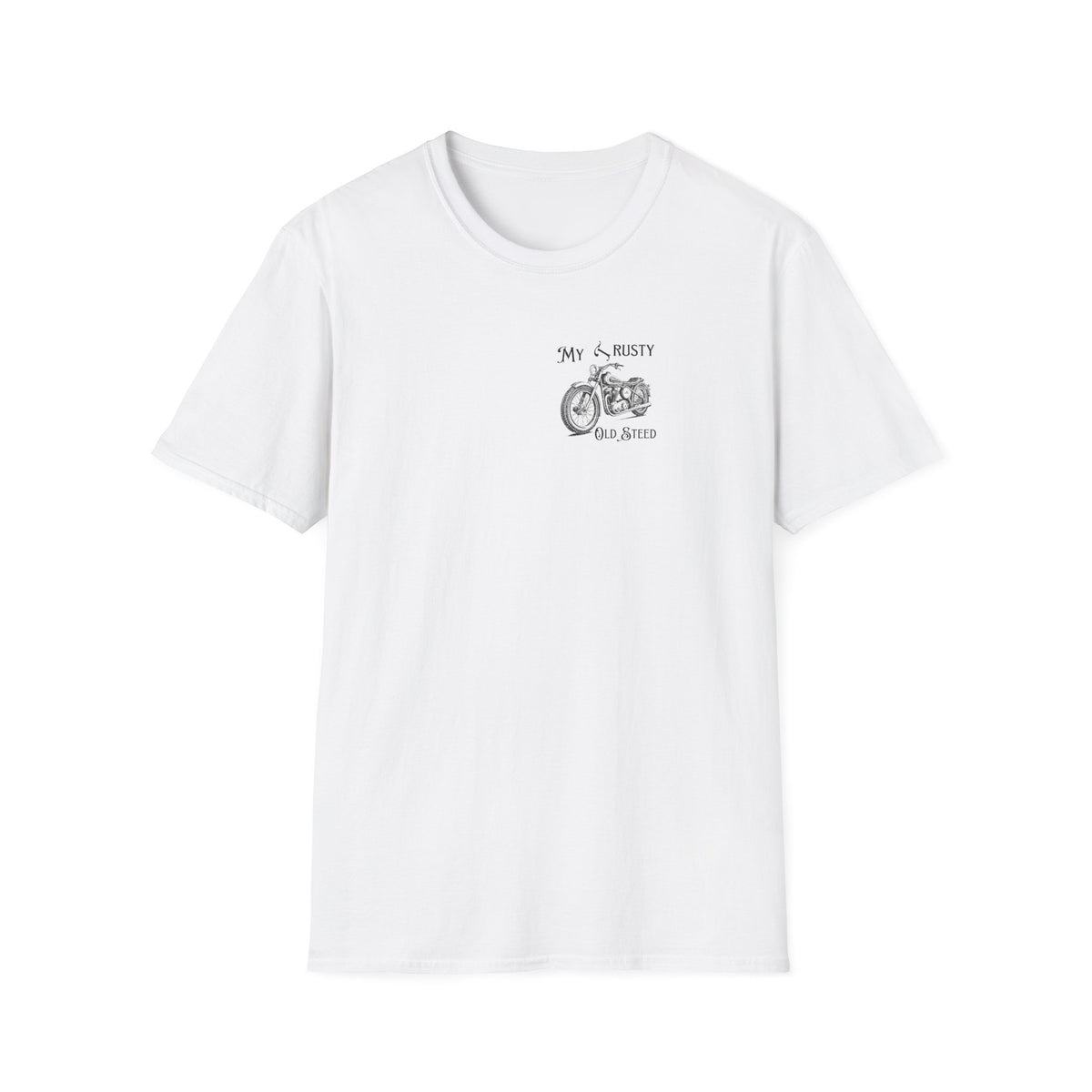 Motorbike T-shirt with 'My Trusty (Rusty) Old Steed' (2) Small Logo