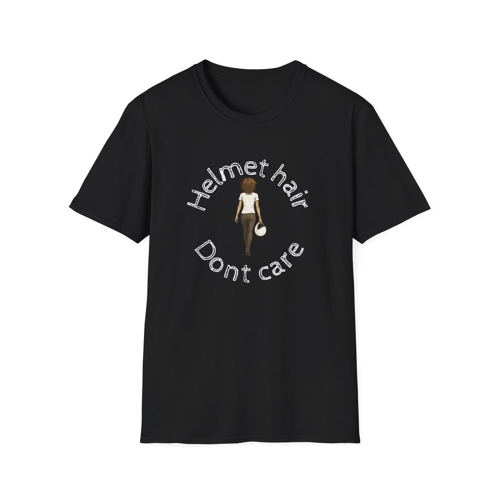 Motorbike T-shirt with 'Helmet hair, Dont care'