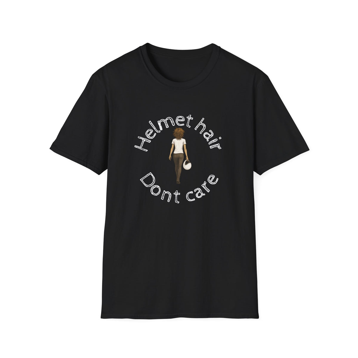 Motorbike T-shirt with 'Helmet hair, Dont care'