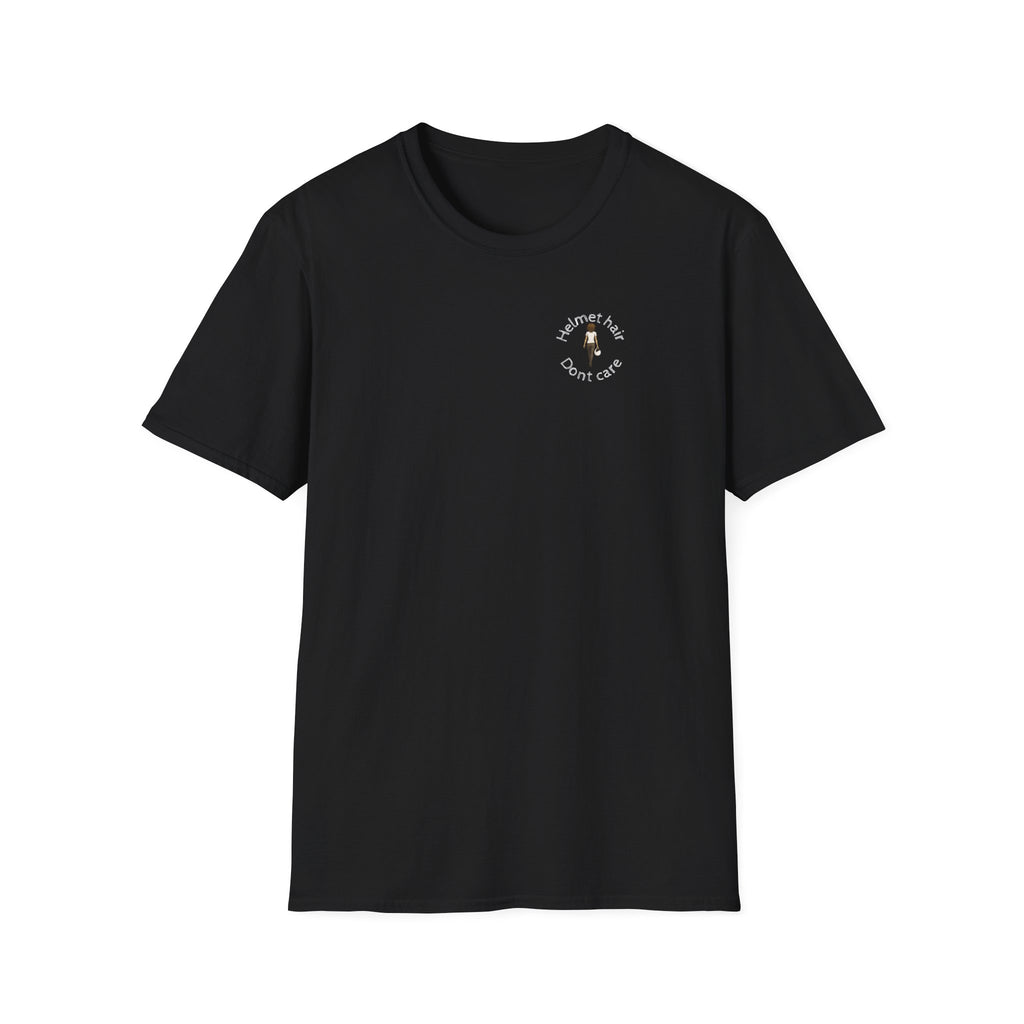 Motorbike T-shirt with 'Helmet hair, Dont care' Small Logo