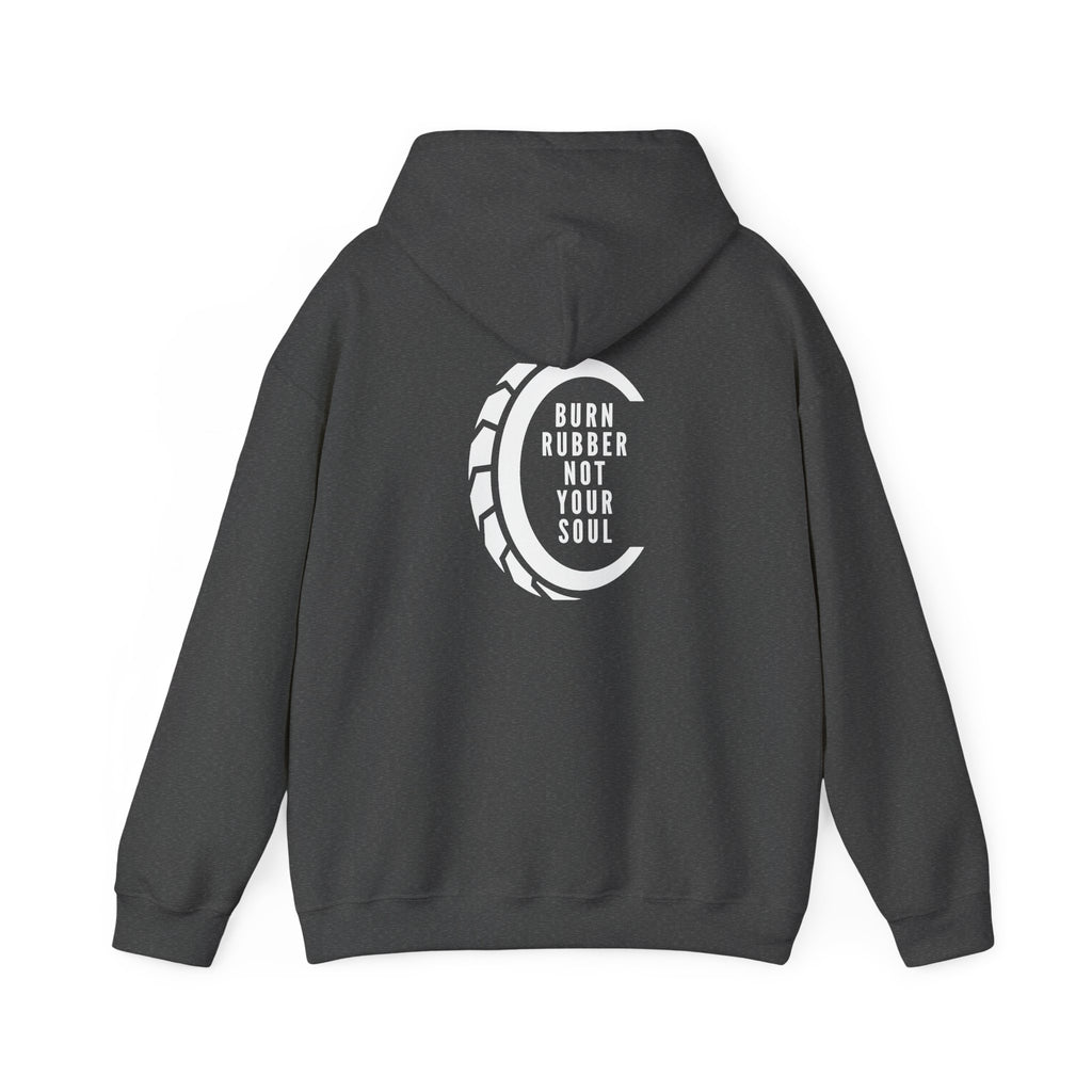 Non UK Sales Hooded Sweatshirt (Burn rubber, Not your soul) W/B