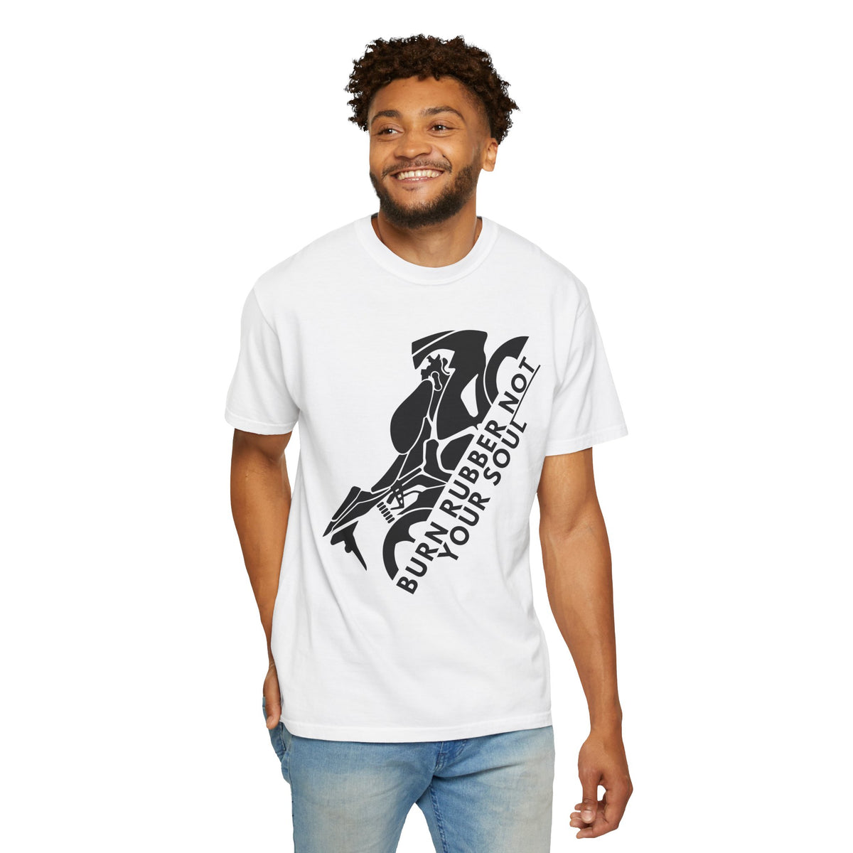 Non UK Sales Motorbike t-shirt  (Burn rubber, Not your soul) Bike B/W