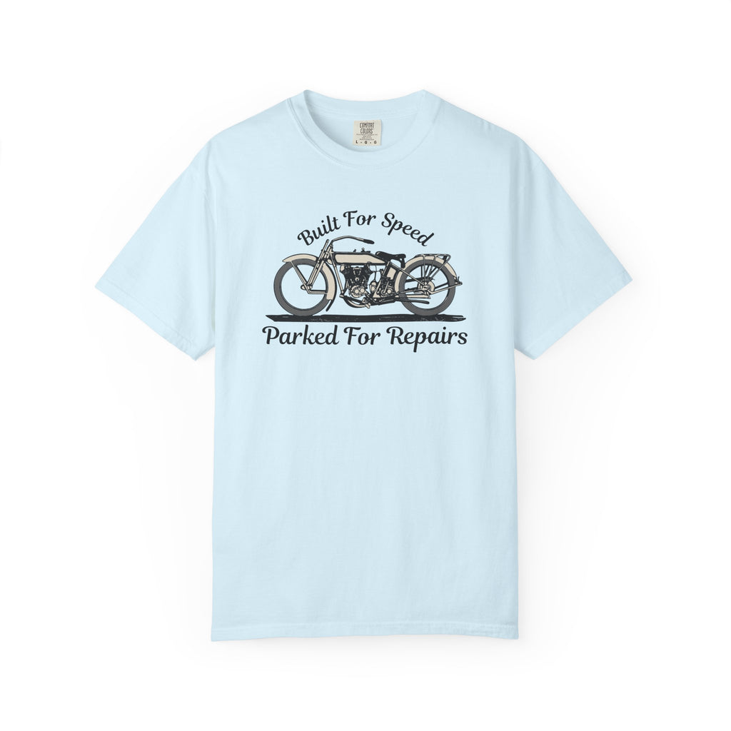 Non UK Sales Motorbike t-shirt  (Built for speed, Parked for repairs) B/W