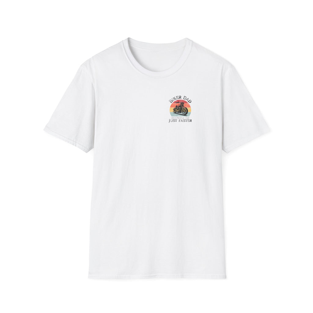 Motorbike T-shirt with 'Biker dad, Like a normal dad, Just faster' (Small Logo)