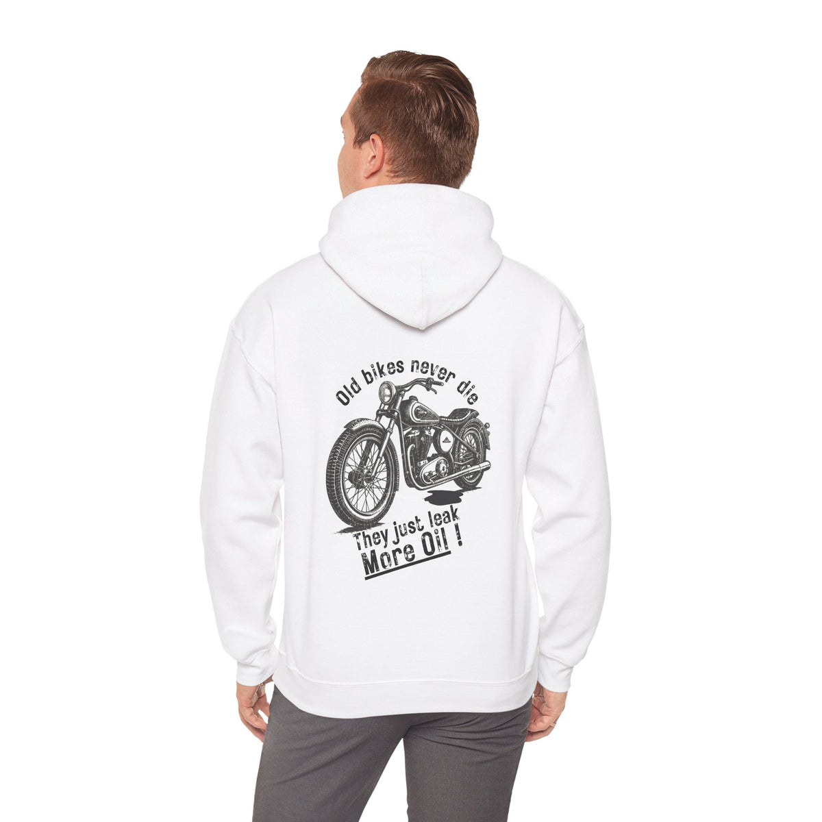 Unisex Heavy Blend™ Hooded Sweatshirt (Old Bikes Never Die, They Just Leak More Oil) Back